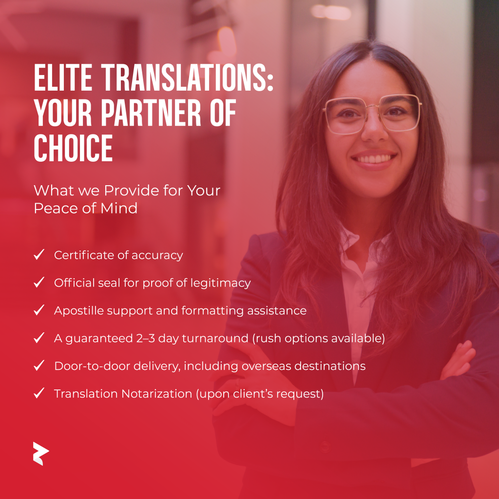 A list of services from Elite Translations in red text on faded red background with a corporate woman in the right portion of the image.