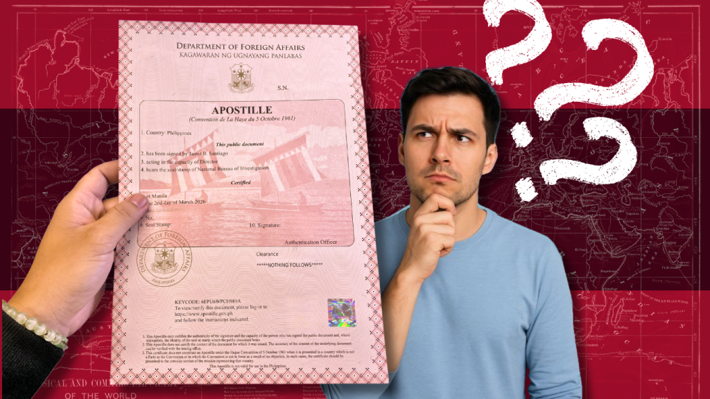 A man thinking next to a large question mark, juxtaposed with a hand holding an official pink Philippine Department of Foreign Affairs (DFA) Apostille certificate against a red vintage world map background.