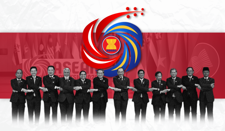Featured image for the ASEAN Summit blog post, showing the heads of government from the ASEAN nations holding hands, symbolizing cooperation and regional integration.