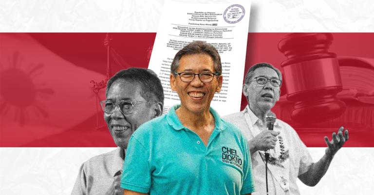 A photo collage featuring three different images of Chel Diokno in front of a Philippine flag background. In the center, a smiling Chel Diokno wears a teal polo shirt. To his left and right are black-and-white portraits of Chel Diokno at different settings. A document with the seal of the Republic of the Philippines and the text "Panukalang Batas Bilang 3863" is layered behind the figures. A faint graphic of a scale and a gavel is also visible in the background.