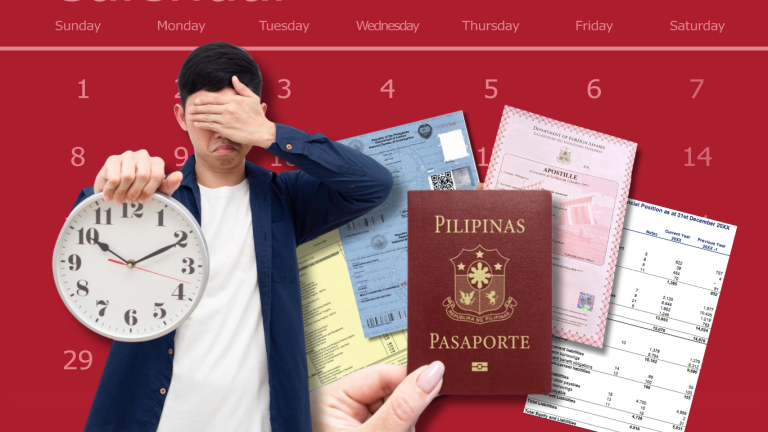An image illustrating the stress of managing document validity and expiration dates. A man holds a large clock in front of a red calendar, while a hand holds up a Philippine passport. In the background are an NBI clearance, a DFA apostille, and financial statements.