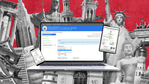 A collage featuring a laptop with an online appointment form, flanked by a smartphone and tablet displaying DFA eApostille certificates. The background consists of monochrome global landmarks like the Statue of Liberty and Eiffel Tower against a bold red backdrop.