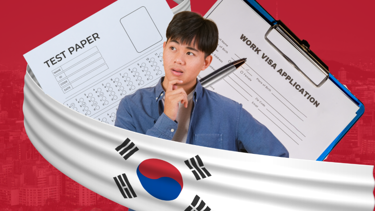 a collage featuring a flag banner of south korea with a person thinking of taking the EPS-TOPIK, with a korean cityscape on the red background