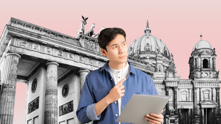 Filipino IT professional thoughtfully holding a pen and folder in front of the Brandenburg Gate and Berlin Cathedral, representing the 2026 journey to a tech career in Germany.