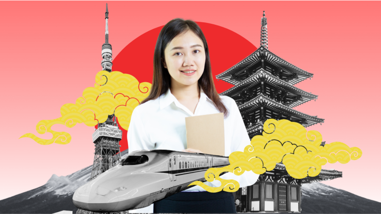 A photo illustration of a smiling young Asian woman holding a folder, standing centered in front of a collage of Japanese icons. The background features a large red circle on a pink gradient. Elements around her are in black and white, including Mount Fuji, Tokyo Tower, a five-story pagoda, and a high-speed Shinkansen train, connected by yellow traditional cloud motifs.