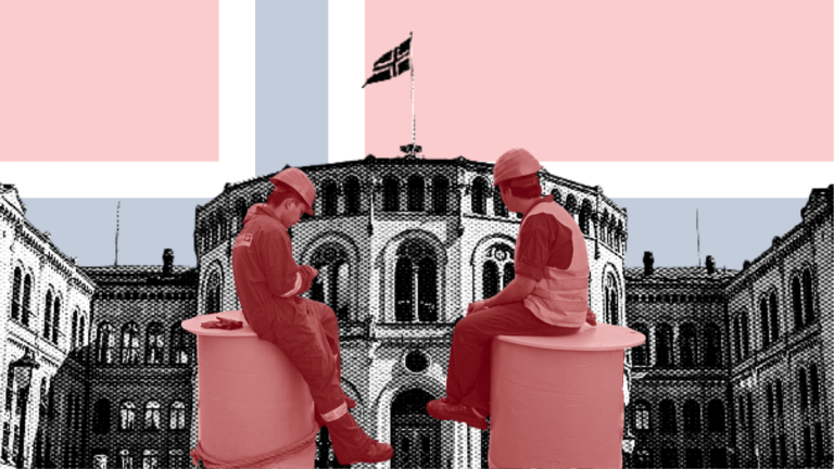 A stylized graphic featuring the Norwegian flag as a background with two Filipino workers in hardhats and overalls sitting in the foreground, representing the professional contributions of OFWs in Norway in the maritime and skilled trade sectors.