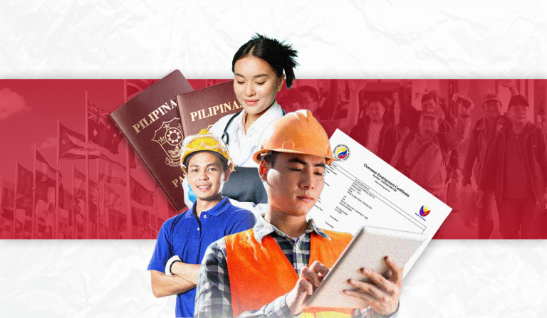 Collage illustrating the journey and necessary documents for Overseas Filipino Workers (OFWs), featuring two Filipino men in construction safety gear and a Filipino woman in medical scrubs. Key documents shown include two Philippine passports and an Overseas Employment Certificate (OEC), all set against a background of international flags and a group of cheering workers. This montage highlights the crucial Embassy Requirements for OFWs and the diverse professions they pursue internationally.