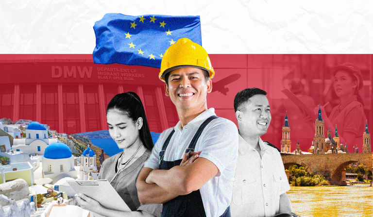 DMW-Licensed Agencies for Europe Placement Three professionals from different industries at the center with a backdrop of Europe on a red background layout.