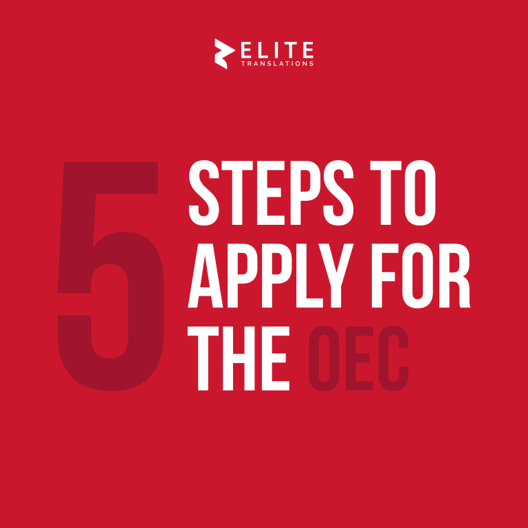 A solid red background with a logo for Elite Translations in the top-middle. Large white text on the right reads "STEPS TO APPLY FOR THE OEC" and a large, semi-transparent number "5" on the left.