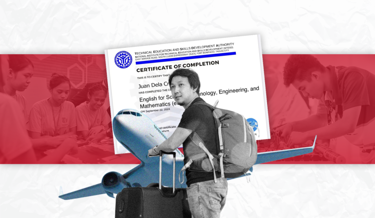 A Filipino man, stands with luggage and a backpack in front of an airplane, symbolizing overseas work, with an overlay of a TESDA Certificate of Completion and background images of technical training.