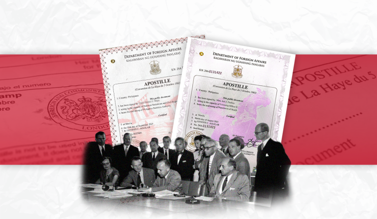 A composite image showing the signing of the Apostille Convention in 1961 (black and white photo of men around a table) overlaid on a red and white background featuring close-ups of modern Philippine Department of Foreign Affairs Apostille certificates.