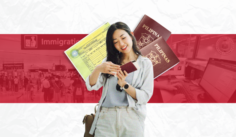 A smiling woman stands in front of a red and white background, holding a Philippine passport and an immigration form with the word "Immigration" visible behind her, suggesting immigration tips for travelers. The background also shows a busy airport immigration area with a sign that reads "Immigration" and a desk where an officer is working.