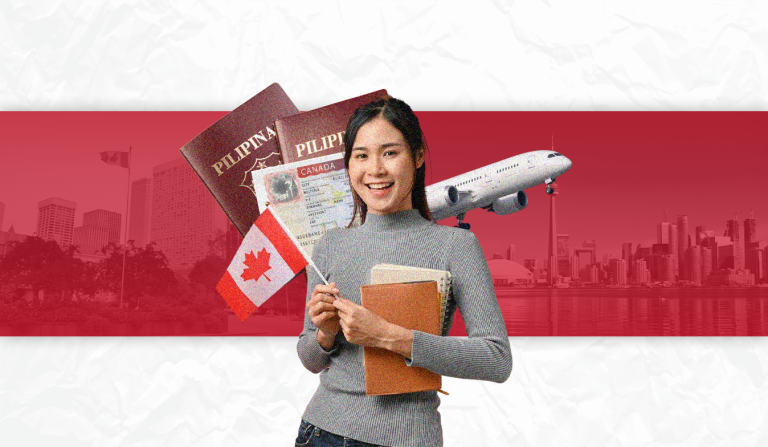 A woman holding a Canadian flag and notebooks stands in front of a Philippine passport and a Canadian visa, with a plane and the Toronto skyline in the background, illustrating Canada's visa-free eTA program for Filipinos.