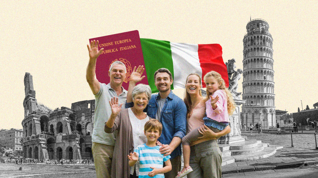 Happy family posing with an Italian passport, flag, and the Colosseum for an Italian family visa guide.