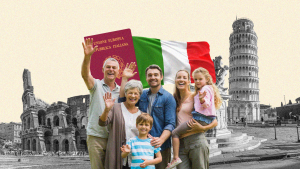 Happy family posing with an Italian passport, flag, and the Colosseum for an Italian family visa guide.
