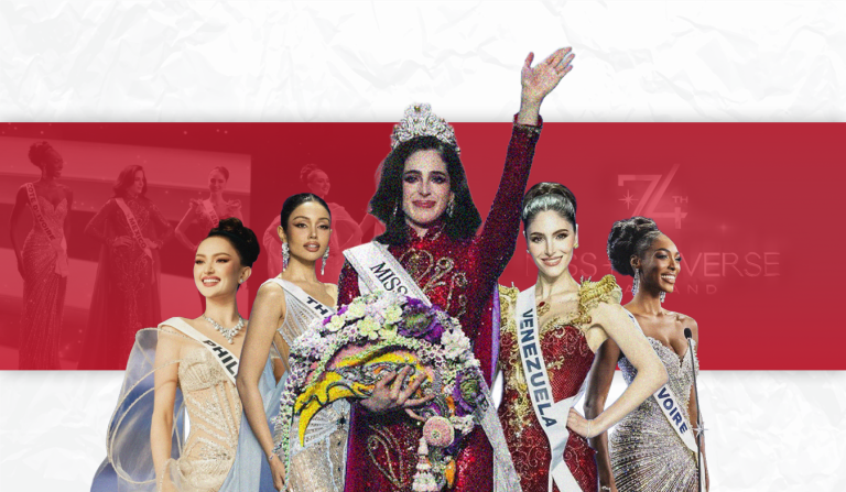 The image shows five contestants from the Miss Universe 2025 pageant standing side-by-side, each wearing an elaborate gown. . The women are smiling and appear confident, showcasing the event's theme of diversity and global representation. The photo has a dramatic, stage-like lighting
