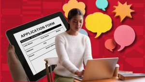 A woman works on her laptop at a desk, representing Filipino remote workers navigating global opportunities. To her left, a large digital tablet displays an "Application Form" for visa or job processing, while colorful speech and thought bubbles float to her right against a textured red background.
