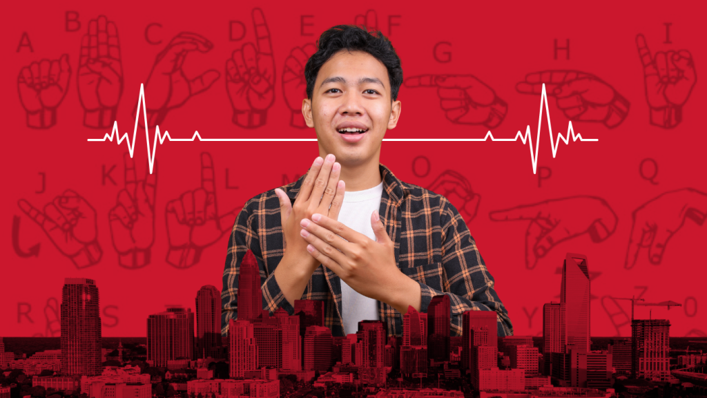 A young man signing with his hands to show the professional sign language impact in a corporate city setting, with a red background featuring ASL alphabet line art and a white pulse wave graphic.