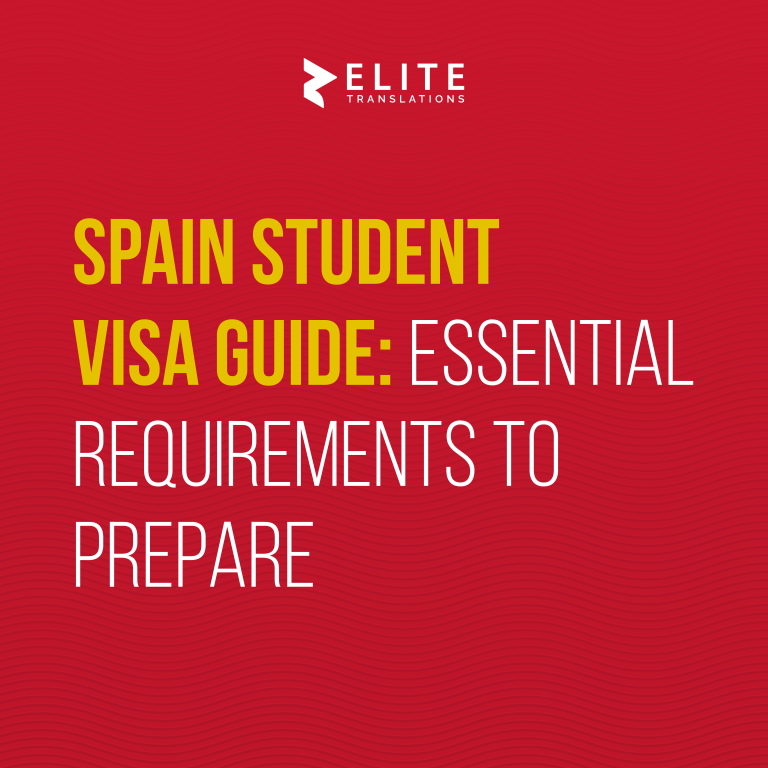 Spain Student Visa Essential Requirements in white and yellow font laid out on a red background.