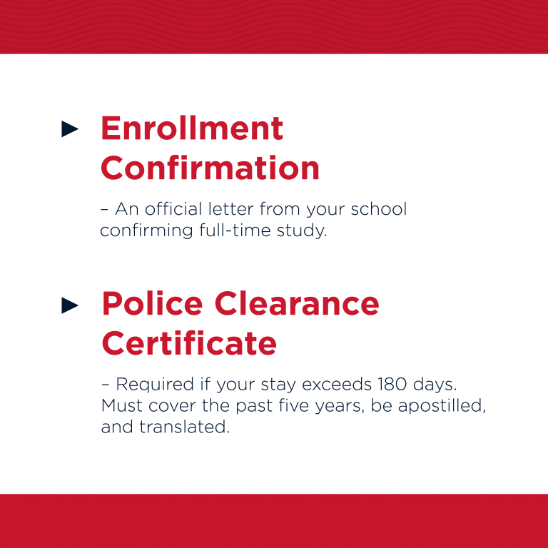 "Enrollment Confirmation" and "Police Clearance" as bullet points in red and black text placed on white and red background