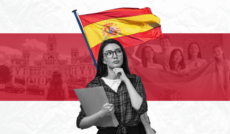 Collage-style image showing a Spanish flag, a historic Spanish building, Philippine passports, visa stamps, and a young woman holding documents