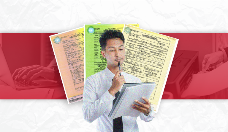 A man holding a clipboard and pen while reviewing PSA documents online, including birth, marriage, and death certificates, with a laptop and printer in the background.