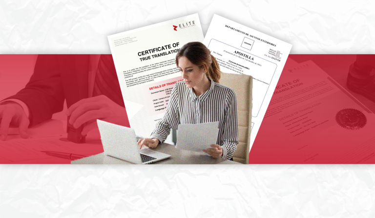 Woman reviewing documents labeled "Certificate of True Translation" and "Apostilla" to understand the difference between Certified and Sworn Translations for official document submission.