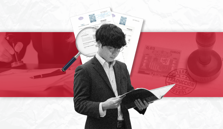 A man in a suit reviewing legal documents with official Spanish stamps and seals, symbolizing the process of certified sworn translation (Traductor Jurado) for official procedures in Spain.