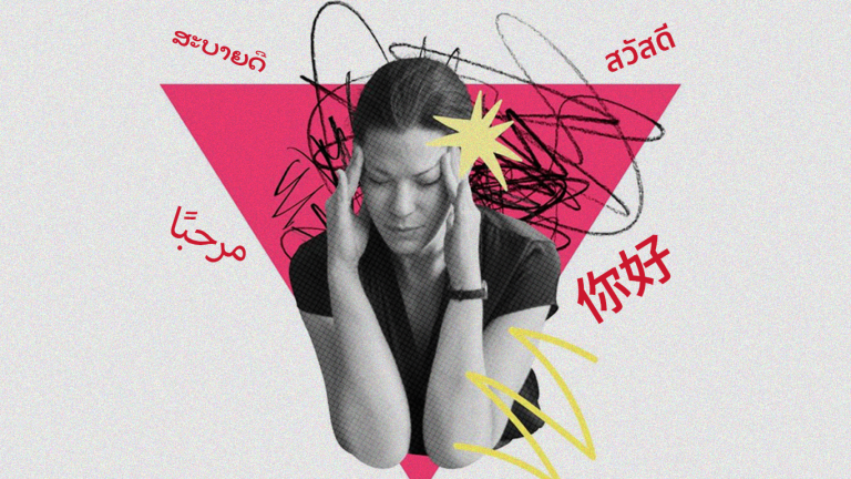 A stylized illustration of a woman holding her head in frustration, surrounded by various foreign scripts and chaotic scribbles, representing the stress of translation mistakes.