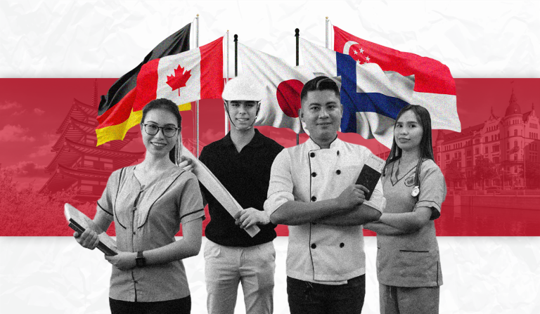 Filipinos from different sectors with various flags behind them to represent and illustrate the top countries for OFWs in 2026.