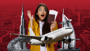 Here is the SEO-optimized alt text containing your focus keyphrase: **Alt Text:** > An excited traveler holding a passport for a UAE **visa-on-arrival**, with a commercial airplane and iconic Dubai landmarks on a red background.