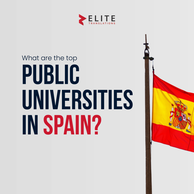 nfographic title slide asking "What are the top public universities in Spain?" featuring the Spanish flag and the Elite Translations logo on a clean grey background.