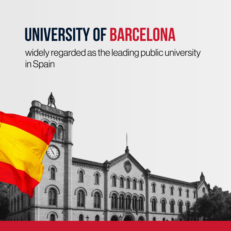A black and white architectural photo of the Autonomous University of Barcelona (UAB), highlighted as one of the leading public universities in Spain for interdisciplinary research.
