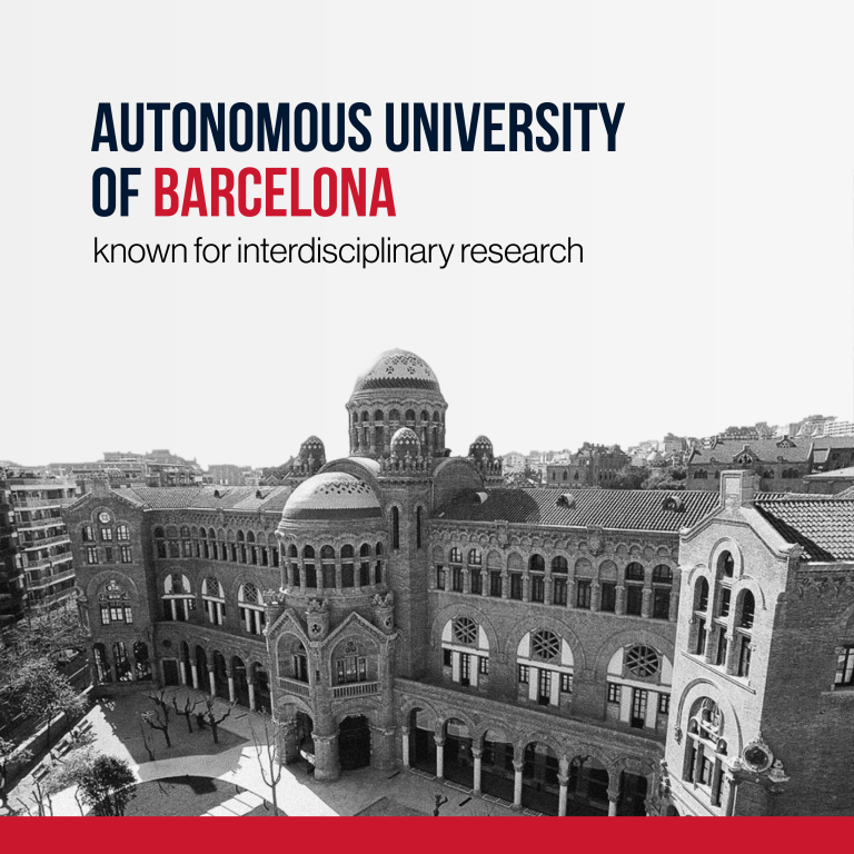 The historic clock tower building of the University of Barcelona, widely regarded as the top institution among public universities in Spain, with a vibrant Spanish flag in the foreground.