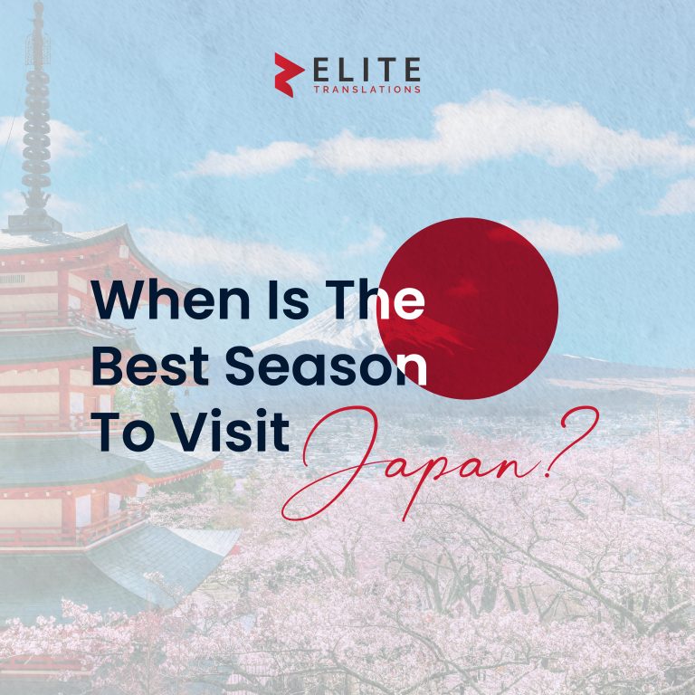 A social media graphic for "Elite Translations" asking the question, "When Is The Best Season To Visit Japan?". The image features a traditional Japanese pagoda on the left, a snow-capped Mount Fuji in the background, and cherry blossom trees in the foreground. A large red circle, representing the sun from the Japanese flag, is placed in the center of the image.