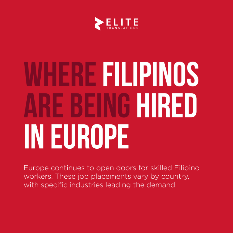 Where Filipinos Are Being Hired in Europe Subtext in white text with title text written in Black and Red on a red background with Elite Translations's logo at the top center