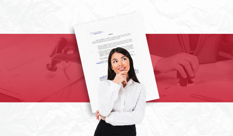 A young woman in a white shirt looks thoughtfully at a document in her hands, superimposed over a red and white background. On the left, a hand is visible placing a notary stamp on a document, and on the right, another hand is placing a stamp on papers. The overall image suggests the process and considerations involved in getting a reliable notarized translation.