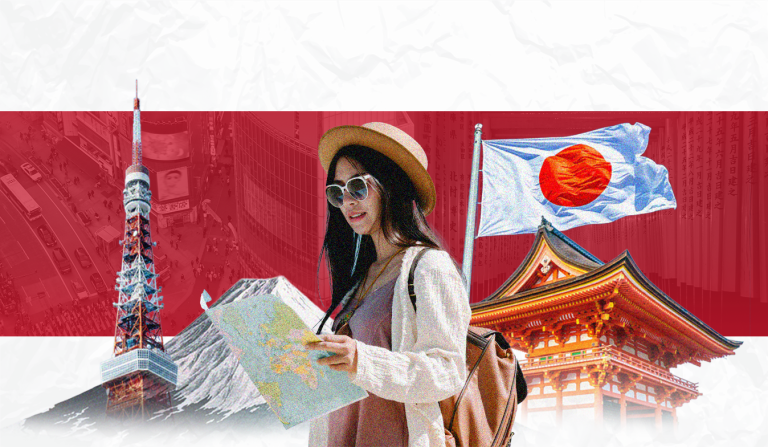 A collage-style featured image for a blog post about planning a trip to Japan. The background is a large red and white block, mimicking the Japanese flag. On the left, in the red section, are images of the Tokyo Tower and a snowy Mount Fuji. On the right, in the white section, are a flowing Japanese flag, a traditional temple with a red roof, and a piece of paper with Japanese characters on it. In the foreground, a female traveler with a sun hat and backpack looks at a map.