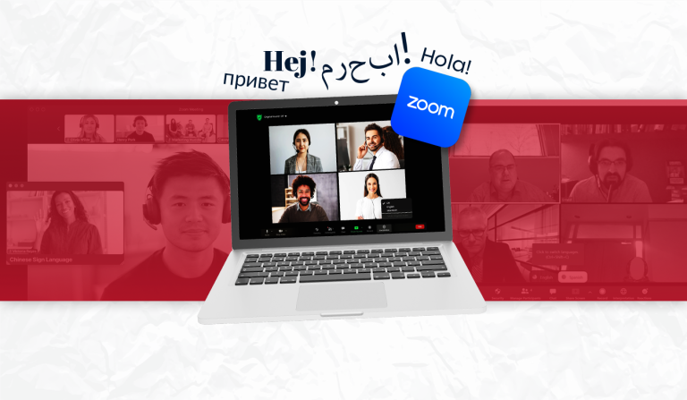 A laptop displaying a Zoom video call centered among floating multilingual greetings like 'Hola!' and 'Hej!' to illustrate Zoom's interpretation feature for global meetings.