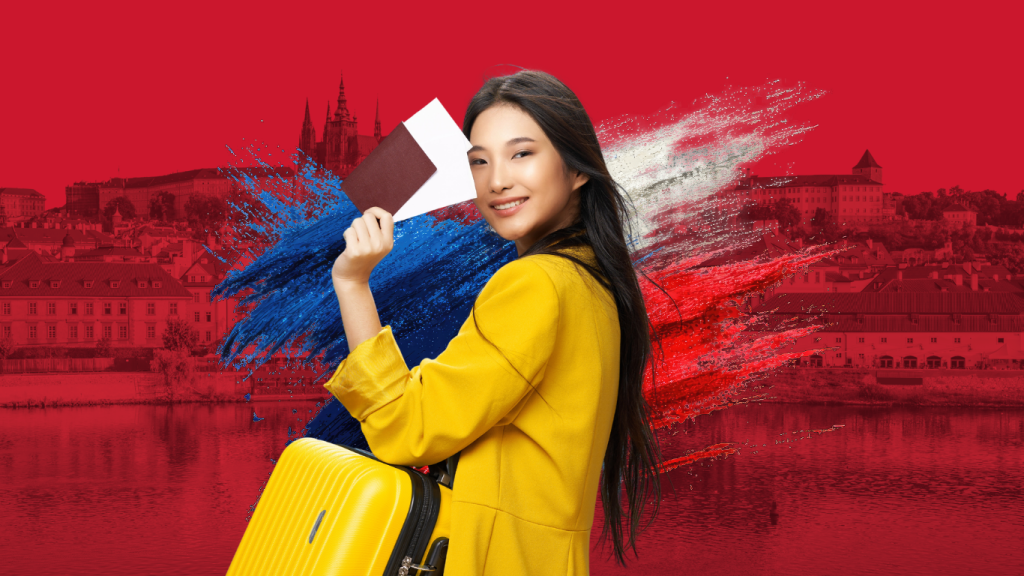 A smiling Filipino woman in a yellow jacket holding a passport, visa documents, and a yellow suitcase, set against a red background featuring the Prague cityscape and the Czech flag colors, illustrating the journey to complete Czech Visa Requirements.