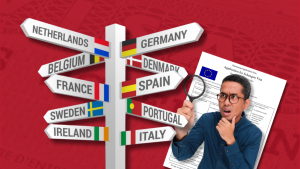 A man holding a magnifying glass looks at a "Harmonised application form: Application for Schengen Visa" document, next to a white signpost pointing toward various European countries including the Netherlands, Germany, Belgium, Denmark, France, Spain, Sweden, Portugal, Ireland, and Italy, set against a red background.